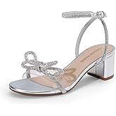 DREAM PAIRS Women's Double Bowknots Crystal Sandals Low Chunky Heels Clear Slingback Dress Shoes for Wedding Bridal Party