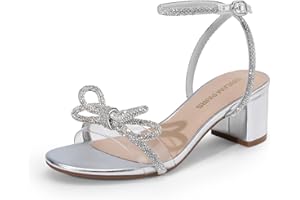 DREAM PAIRS Women's Double Bowknots Crystal Sandals Low Chunky Heels Clear Slingback Dress Shoes for Wedding Bridal Party