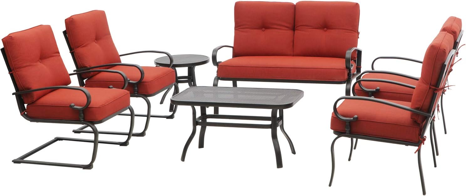 Oakmont 7-Piece Outdoor Metal Furniture Sets Patio Conversation Set, Wrought Iron Loveseat, 2 Dining Chairs, 2 Spring Chairs and Coffee Table, Red