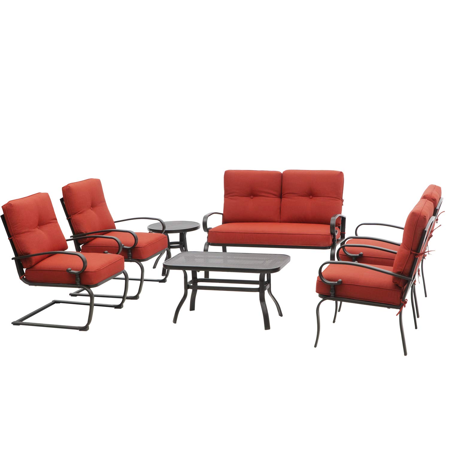 Oakmont7-Piece Outdoor Metal Furniture Sets Patio Conversation Set, Wrought Iron Loveseat, 2 Dining Chairs, 2 Spring Chairs and Coffee Table, Red