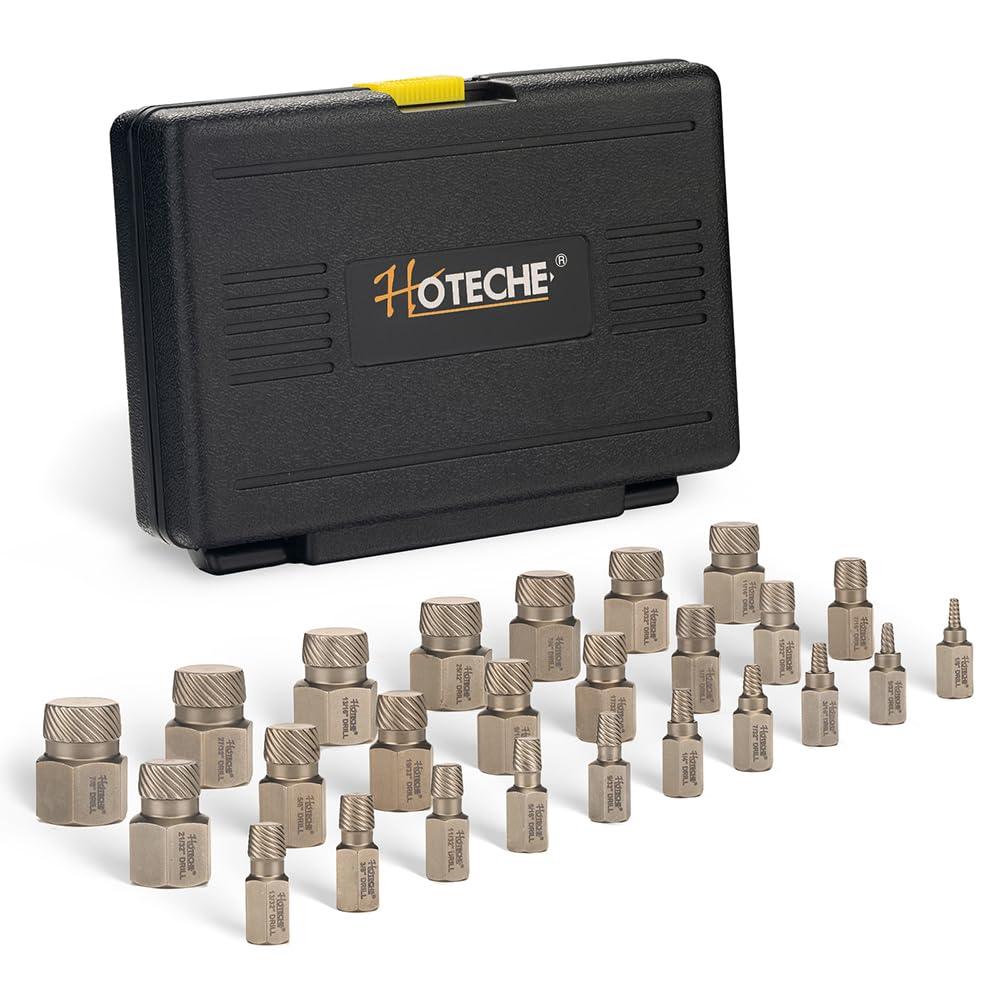 Hoteche 25-Piece Screw Extractor Set Made of 42 Chrome Molybdenum Steel - Screw Remover for Left and Right Extractor - 3.5 mm to 23 mm - Sandblasted - In Black Plastic Case