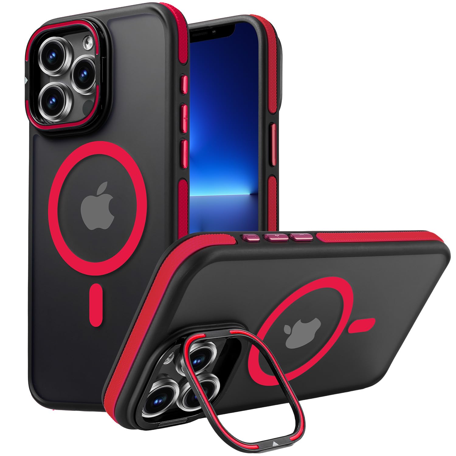 Yzoiko Magnetic case for iPhone 13 Pro [10Ft Military-Grade Protection] Built-in Camera Stand Phone case, Compatible with fit MagSafe Shockproof Slim Thin Cover 6.1 inch,Red Stand