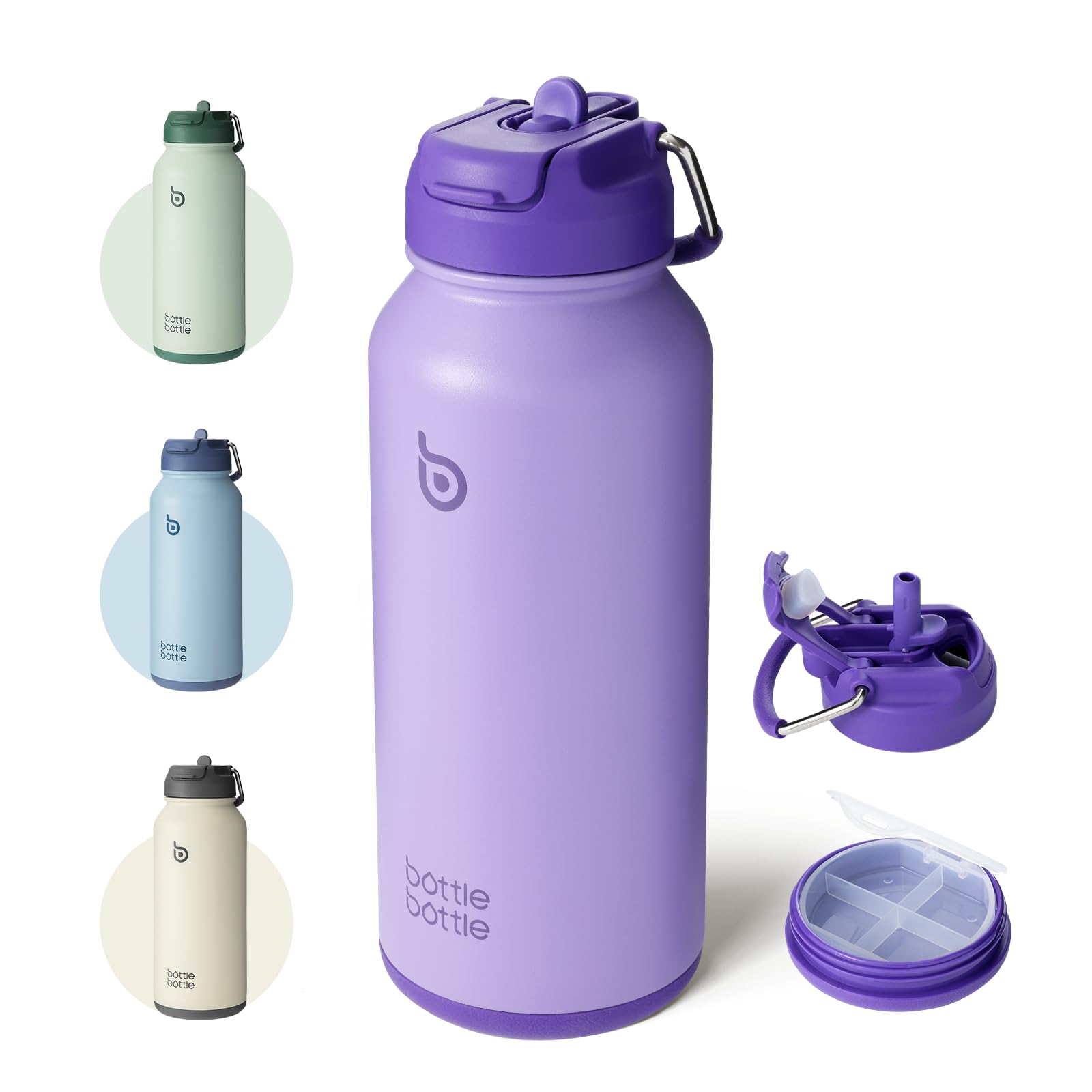 BOTTLE BOTTLE Insulated Water Bottle 950ml(32oz) Stainless Steel Sports Water Bottles with Straw Dual-use Lid Drink Flask Design for Gym with Pill Box (Purple) — image 1