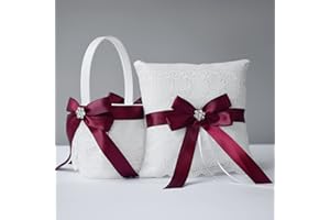ATAILOVE Flower Girl Baskets and Ring Pillow Set for Wedding - Double Lace Accented Royal Design (Dark Red)