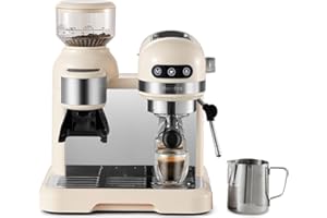 Neretva 20 Bar Espresso Coffee Machine with Grinder Steam Wand for Latte Espresso and Cappuccino, 58MM Portafilter Espresso Maker For Home Barista, 1350W Premium Italian High Pressure (Beige)