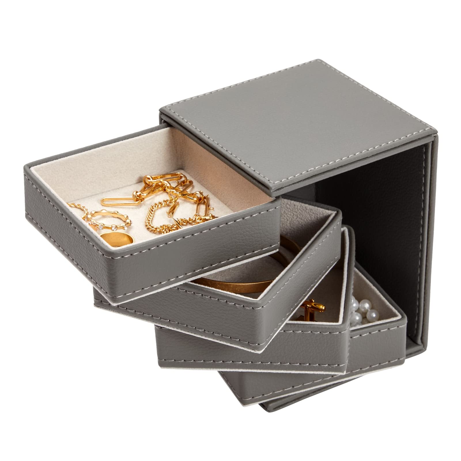 Photo 1 of Juvale 4 Layer Rotating Jewelry Organizer for Men & Women, Small Faux Leather Box for Necklaces, Rings, Earrings, Bracelets (Gray, 4 x 5 Inch) - Jewelry Boxes & Organizers