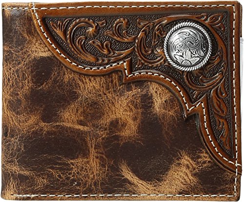 Ariat Men's Distressed Corner Over Circle Trifold Wallet, tan, One Size