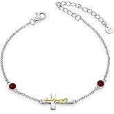 AOBOCO 925 Sterling Silver Faith Hope Love Cross Bracelets with 12 Birthstones Birthday Christian Jewelry for Women