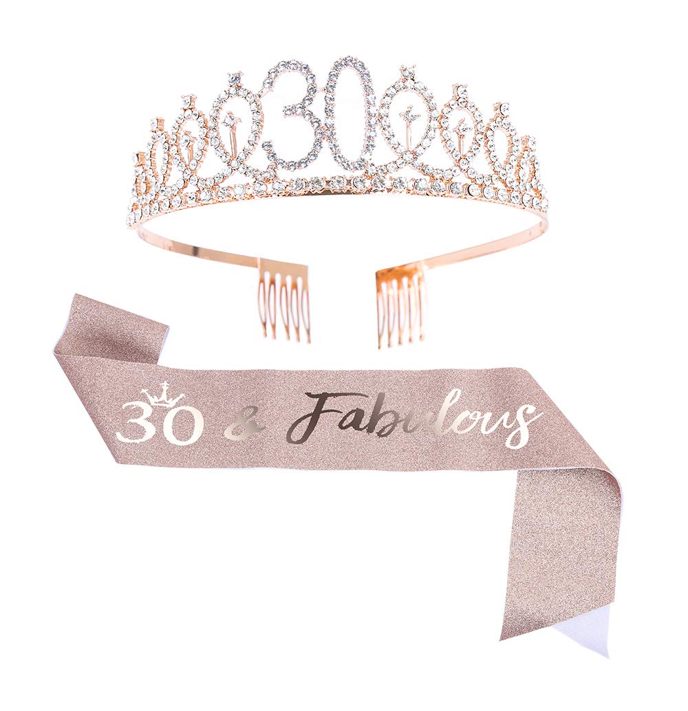 Topfunyy 30th Birthday Tiara and Sash Set - 30 & Fabulous Rose Gold Sash Crystal Crown for Women 30th Birthday Party Supplies