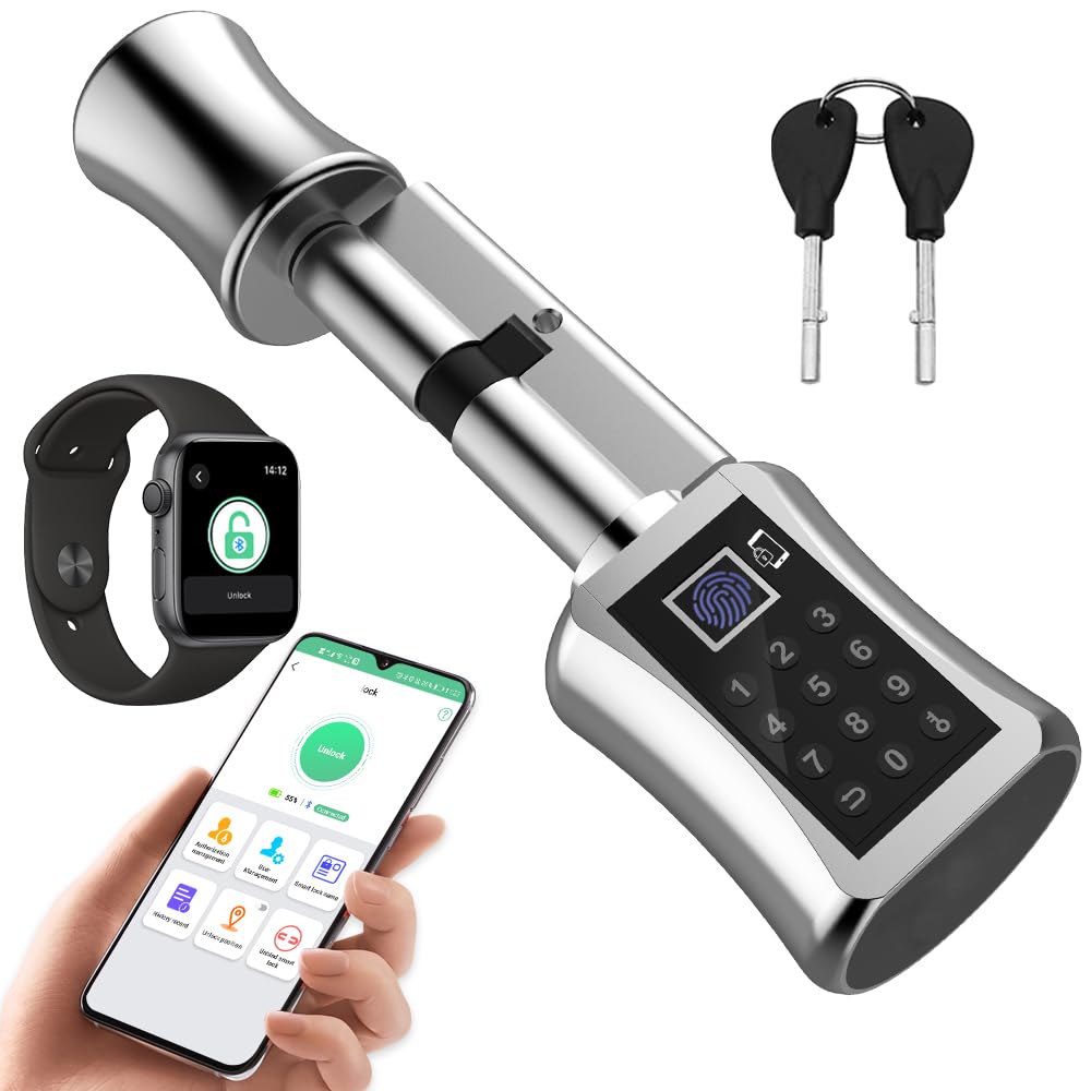 eLinkSmart Door Lock Cylinder 75 mm (37.5/37.5) with Bluetooth App Fingerprint Password Key - Suitable for Most EU Door Locks DIY Quick Assembly Remote Authorisation USB