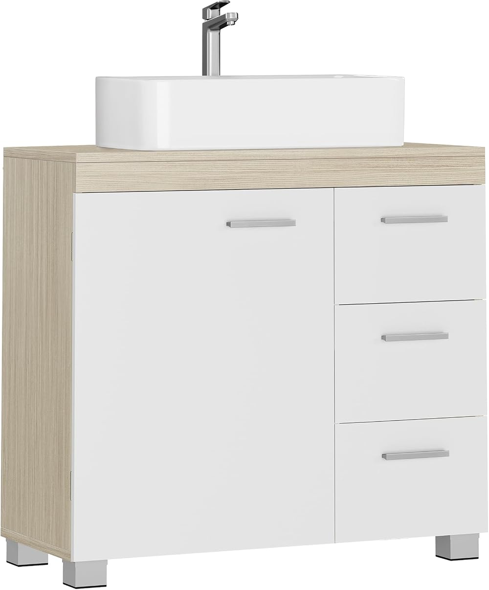 VASAGLE Under Sink Bathroom Cabinet 3 Drawers 2 Doors Cloud White Beige 30x70x64