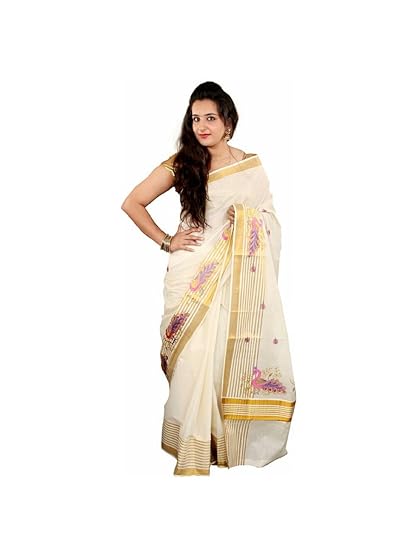 Selvamani tex stripe zari Peacock Embroidered kerala kasavu saree with running Blouse