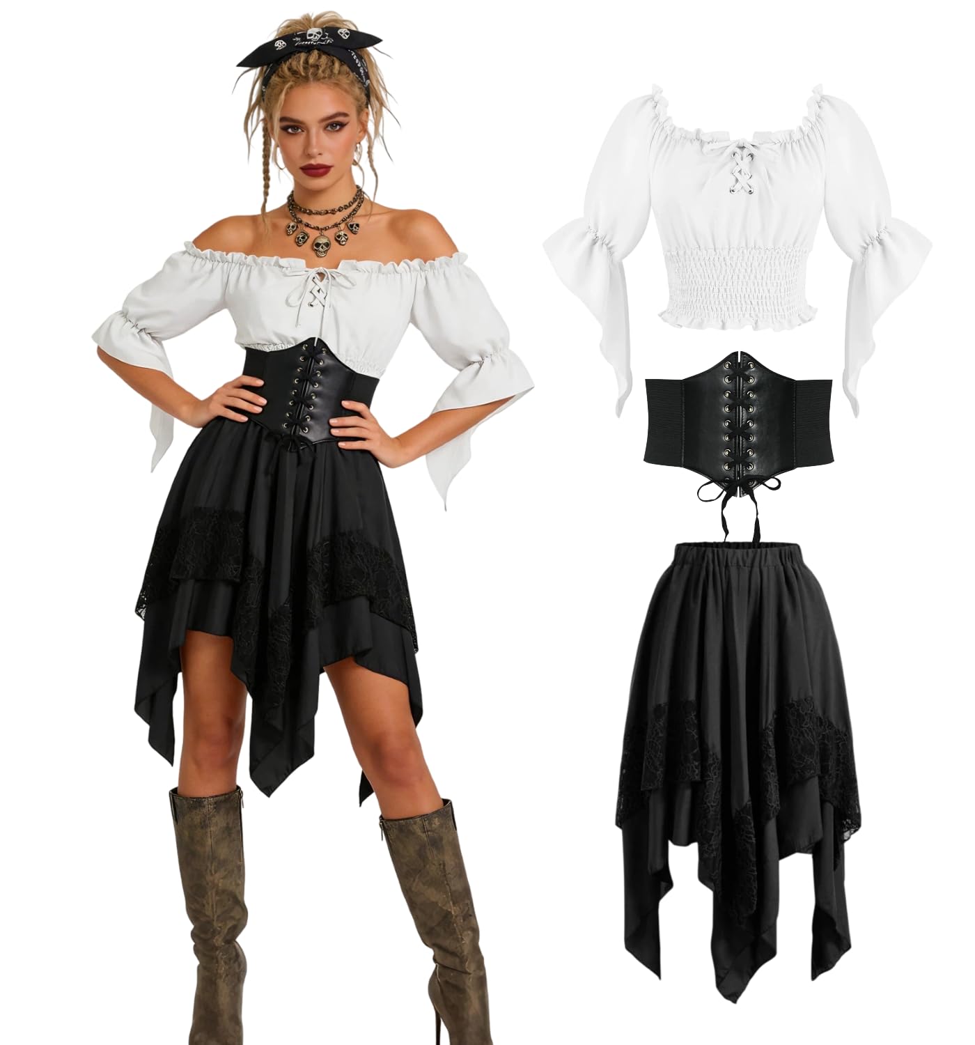minkasic Medieval Costume Women Set Elegant Top, Skirt, Corset Belt for Renaissance Faire (Black, S) — image 1