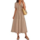 MEROKEETY Women's 2026 Summer Casual Midi Dress Short Sleeve V Neck A Line Flowy Tiered Vacation Beach Dresses