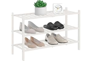 RONGJIA Shoe Rack, 3 Tier Bamboo Shoe Rack for Closet, Stackable Wooden Shoe Organizer, Free Standing Wood Shoe Shelf for Entryway Small Space, 27" x 11" x 21", White