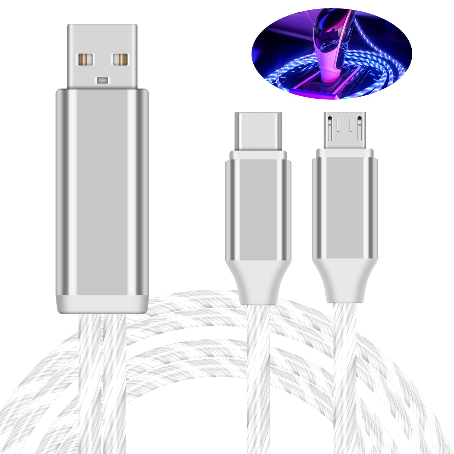 Duttek Light up USB Charging Cable 1M, USB A 2.0 to USB C and Micro Android Charger Cable,Multi USB Car Charger Smart Colorful Light Glowing USB Cable,2 in 1 charging Cable for Type-C/Micro USB Port