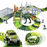 Elongdi Dinosaur World Slot Car Race [ 144 Track Pieces ] Create a Road Track Sets with Tracks, 2 Trucks, 2 Dinosaurs Toys for Kids 3 4 5 6 7 8 Years Old Boys Girls Jurassic Prehistoric World Gift