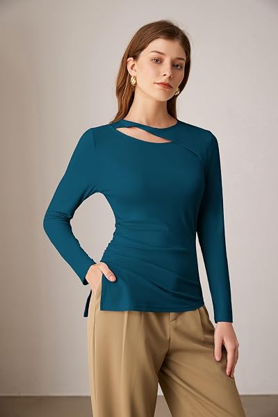 STYLISH WOMENS ROUND NECK CUTOUT PARTY TOPS TWIST FITTED LONG SLEEVE SHIRTS RUCHED SLIT ASYMMETRICAL HEM FALL TUNIC GREEN L
