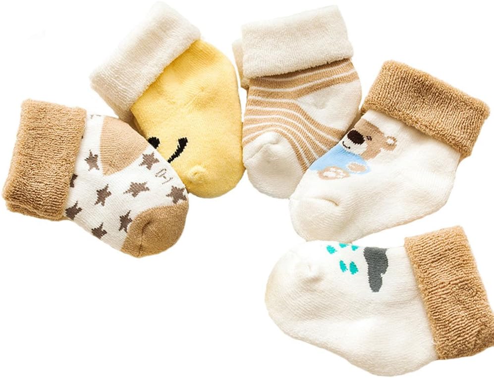 Juuly 5 Pairs Newborn Baby Cotton Socks Infant Super Soft Seamless Kids' Socks Cute Warm Socks for Unisex Baby 0-3 Years