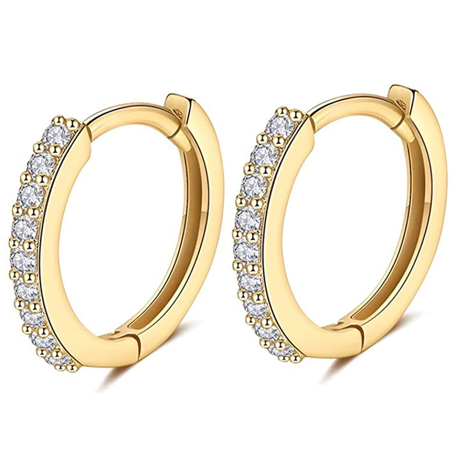 GULICX 12mm Silver 14K Gold Hoop Earrings for Women Men Teens, Hypoallergenic 925 Sterling Silver Post Small Hoop Earrings with AAA Cubic Zirconia, Huggie Hinged Cartilage Sleeper Hoops Earring