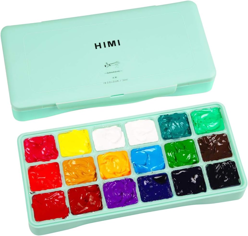 INK LAB HIMI Gouache Paint Kit 18 Vibrant Colors Non Toxic Paints Jelly Cup Design with Palette Portable for Professional Artists Rich Pigment