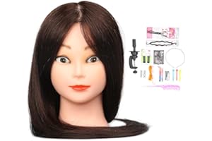 50% Real Human Hair Dummy Head Hairdressing Training Head Salon Head + Clamp Holder Practice Head Hairdressing Practice Tool 24″ Dark brown