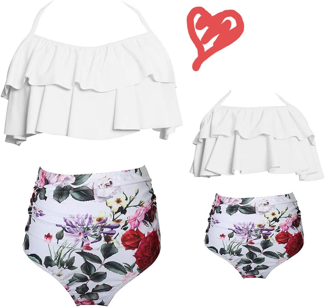 2Pcs Mommy and Me Matching Family Swimsuit Ruffle Women Swimwear Kids Children Toddler Bikini Bathing Suit Beachwear Sets