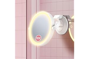 Benbilry Suction Cup Magnifying Mirror with Light 10X, Wall Mounted Makeup Mirror with Suction Cup for Bathroom, 3 Color Lights and Adjustable Brightness, 2 in 1 Tabletop for Desk - White