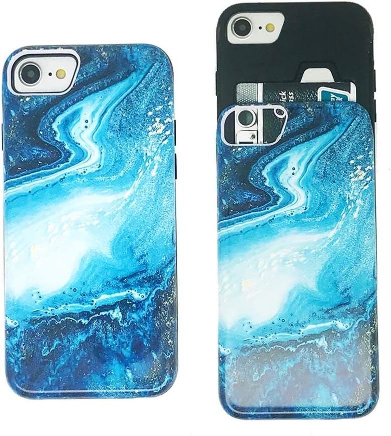 Wallet Case Compatible with iPhone 8/7/6S/6 Blue Black Gold Marble Sliding Card Holder Dual Layer Hybrid Soft TPU +Hard PC Credit Card Slot Cover for iPhone 6S/6/7/8 with Screen Protector