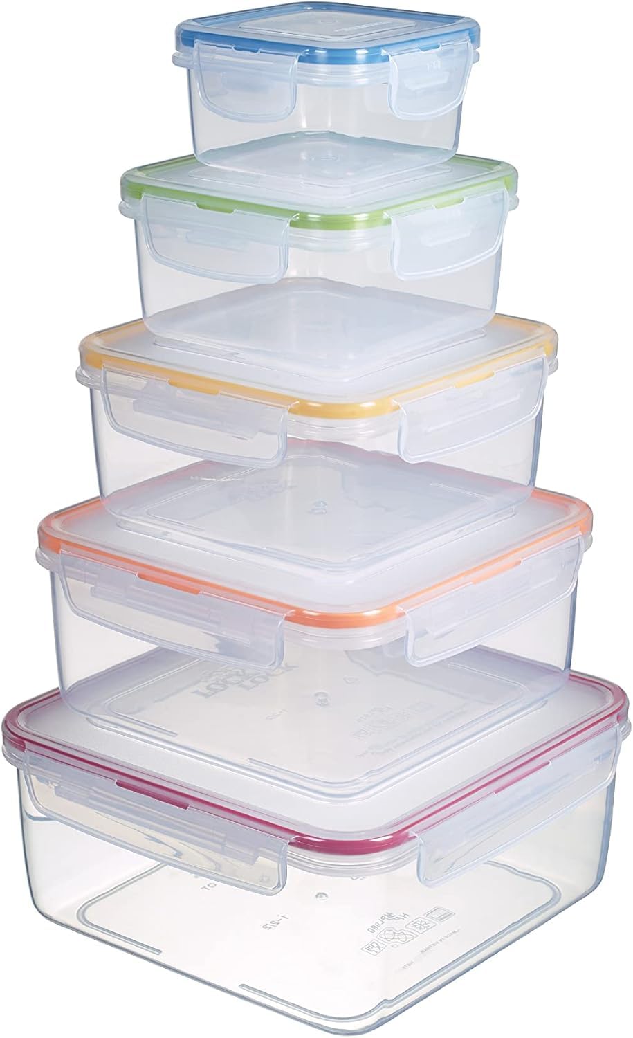 LocknLock Airtight Food Storage Container Set of 5 – BPA Free, Leakproof, Square & Nestable with Rainbow Coloured Seals 2.1L/1.3L/820ml/430ml/180ml