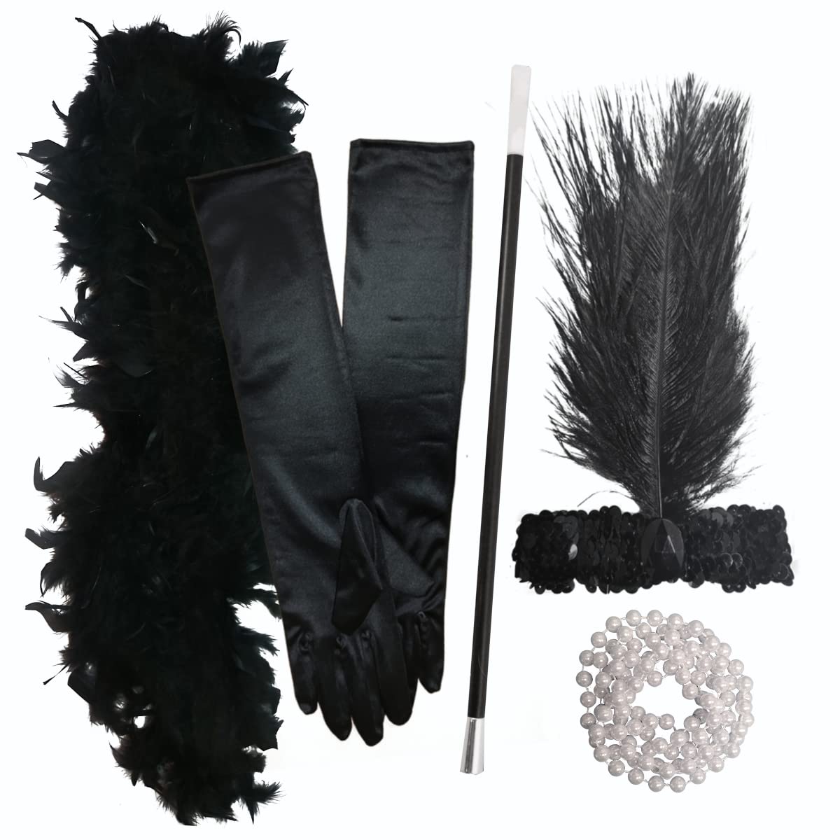 Paper Umbrella FLAPPER 5 PIECE SET Ladies Charleston Fancy Dress 1920's (BLACK)