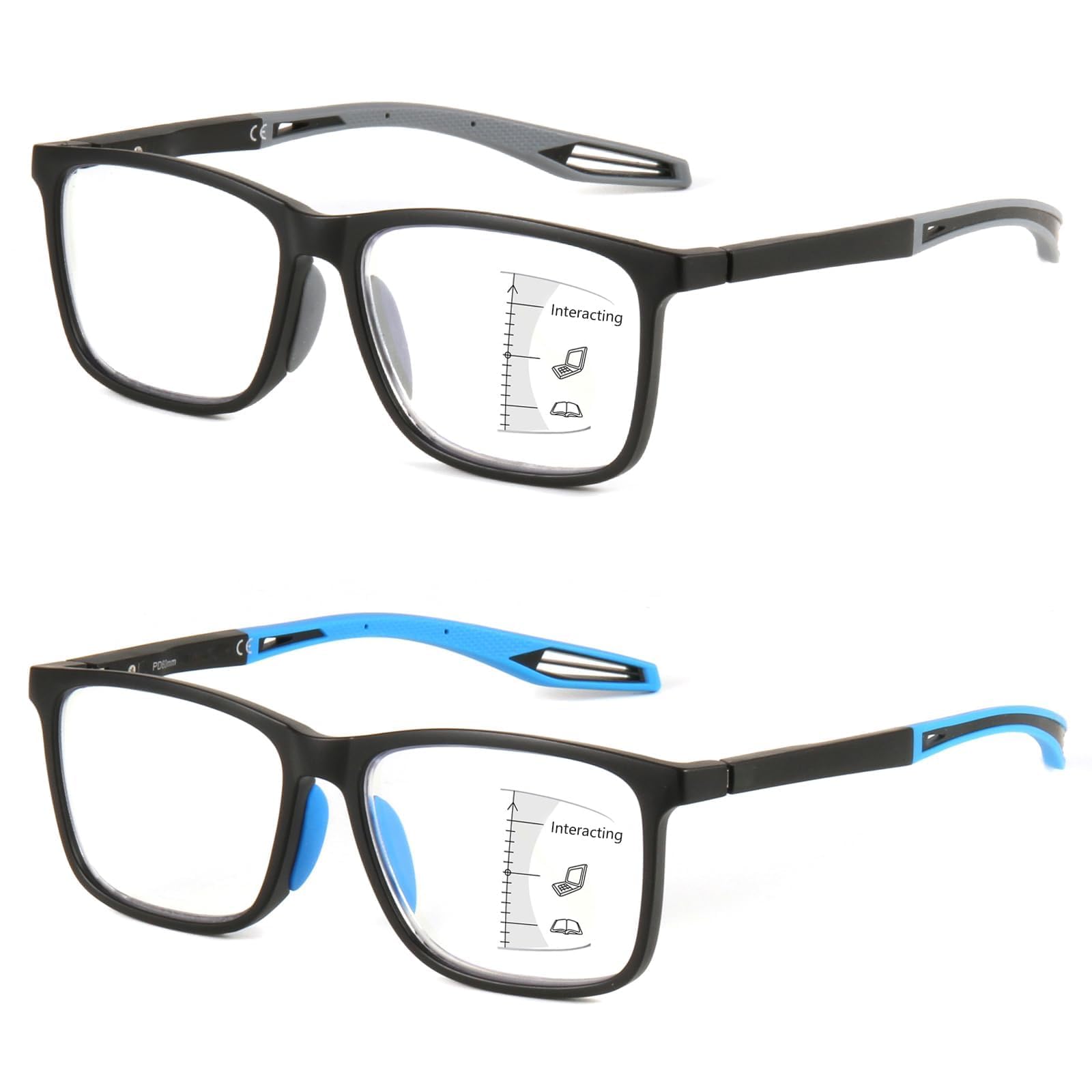 Photo 1 of Missfive 2 Pack Upgraded Bend-Proof Multifocus Progressive Reading Glasses Men, TR90 Sporty Frame & Metal Spring Hinge, No-Line Multifocal Anti Blue/UV Near-Mid Workspace Readers 2.25x