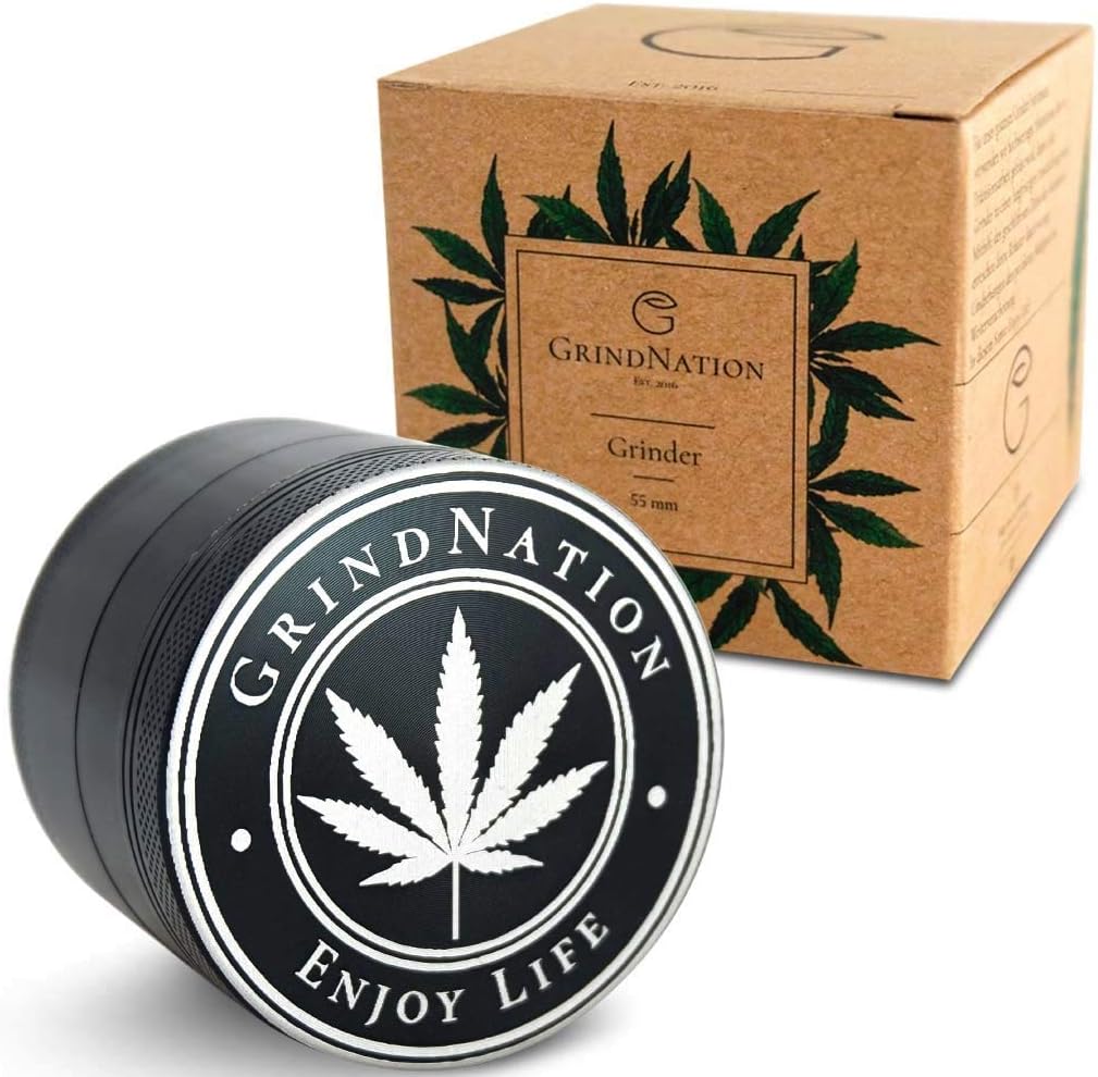 GrindNation Premium Grinder ø 55mm | Aluminium | 4 part | Sharp teeth and strong magnet Set including Bag, Scraper & Brush (Black)