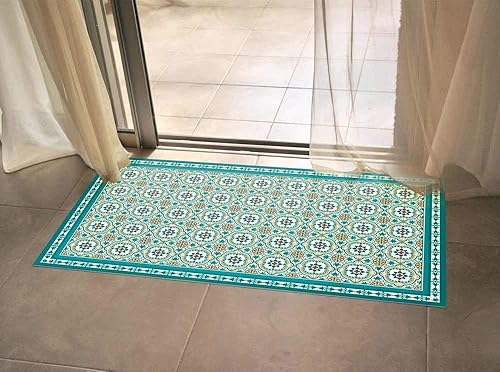 Amazon Com Printed Turquoise Pvc Mat With Vintage Tiles Design