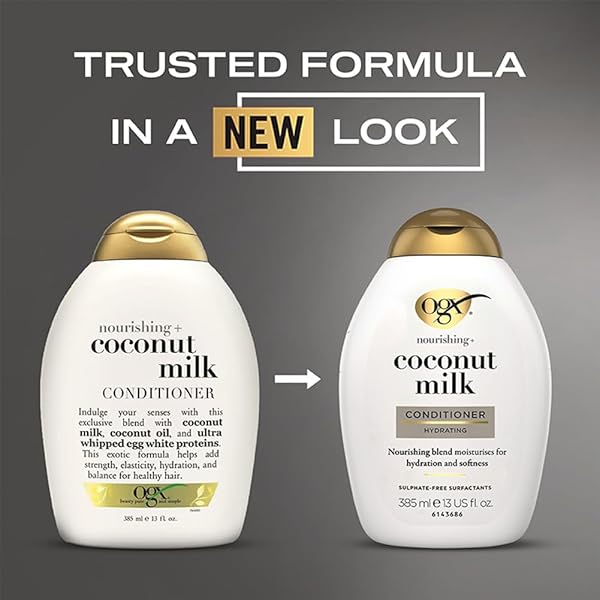 OGX NOURISHING + COCONUT MILK CONDITIONER, HYDRATING & RESTORING CONDITIONER MOISTURIZES FOR SOFT HAIR AFTER THE FIRST USE, PARABENS-FREE, SULFATE-FREE SURFACTANTS, 13 FL. OZ