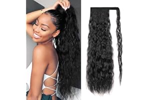 ROSMILE Corn Wave Ponytail Extension Wrap Around 26 Inches Long Curly Wavy Pony Tail Extension Synthetic Black Ponytails Hairpiece for Women Girls (26 Inches, 1B Natural Black)