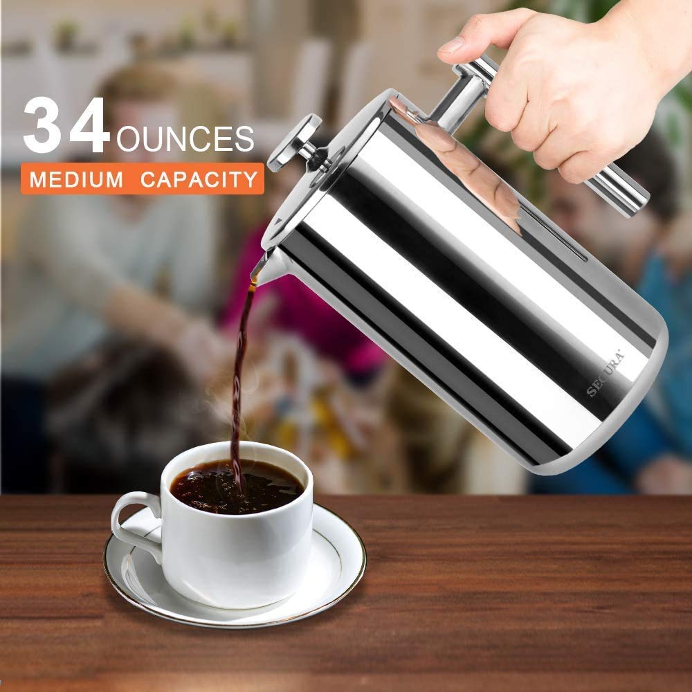 Secura Stainless Steel French Press Coffee Maker 18/10 Bonus Stainless Steel Screen (1000ML) by Secura