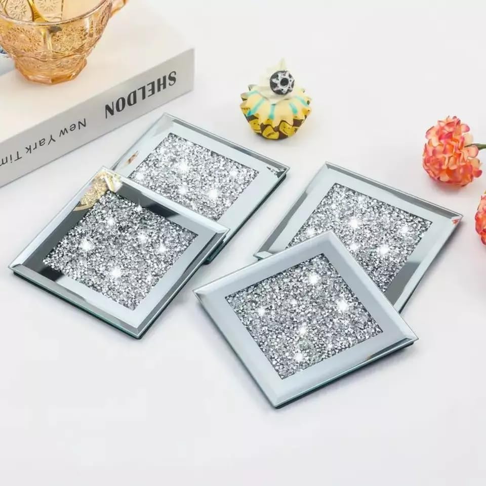 SERENA'S ® 4 Pack Crushed Diamond Crystal and Mirror Coasters Set of 4 Glittering Silver Coasters for Home Kitchen Bar & Restuarant Decor (Square)