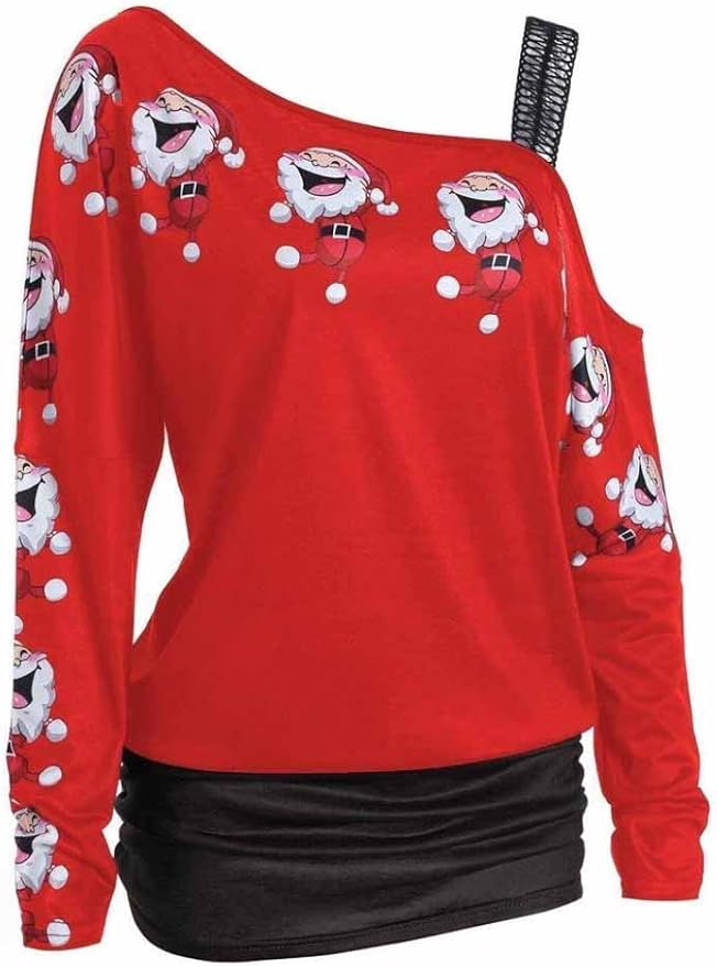 Women Christmas Blouse, Print Santa Claus Cold Shoulder Xmas Shirt Tops