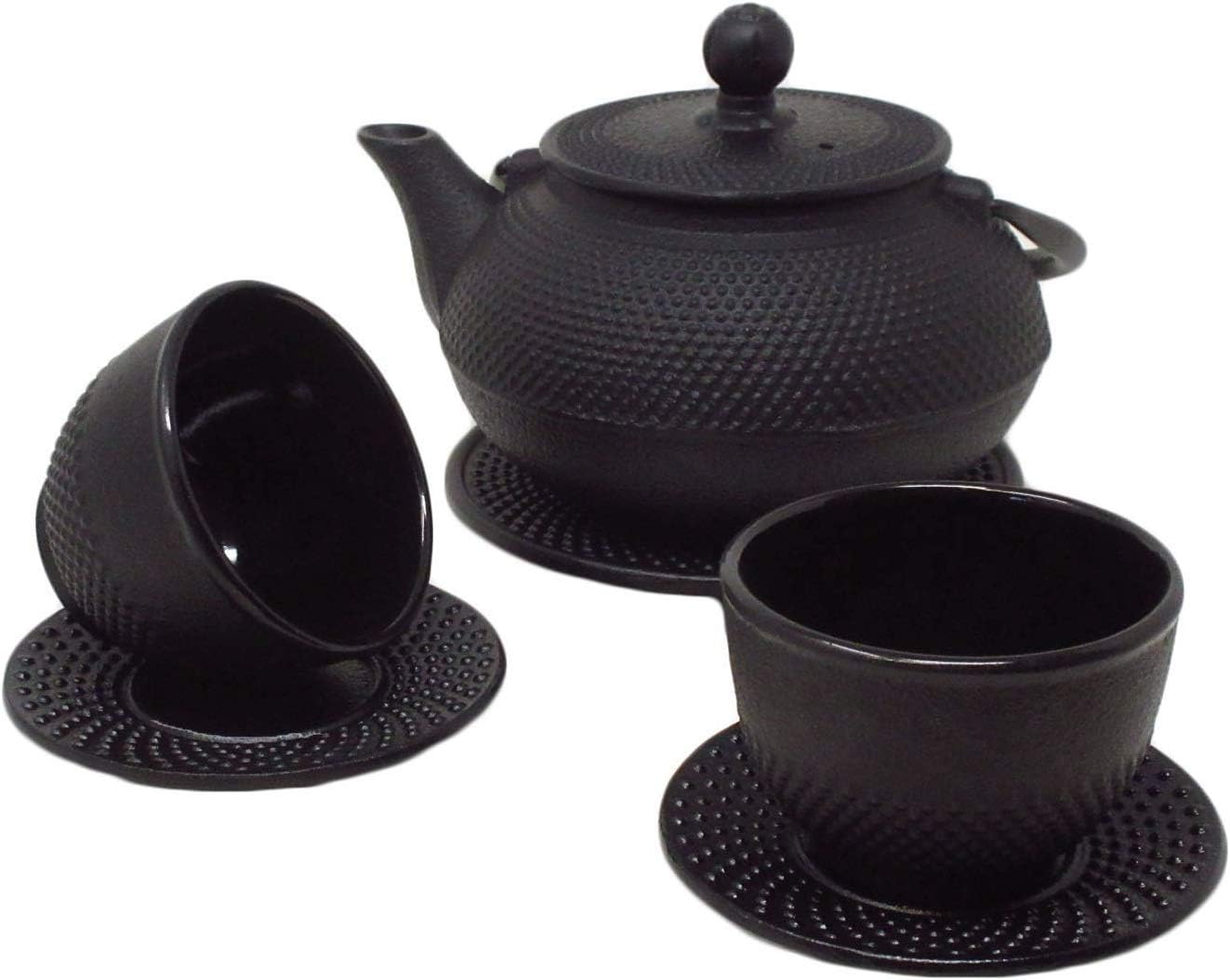 Vintage Gourmet ® Tetsubin Japanese Style Cast Iron Black Hobnail Teapot Set, Kettle 0.6L, Trivet, Cup & Saucer X 2