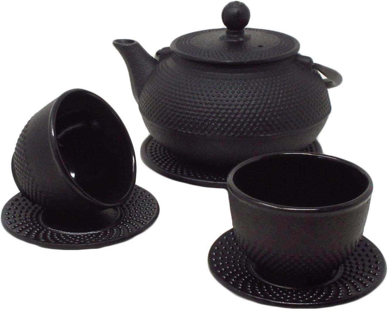 Vintage Gourmet ® Tetsubin Japanese Style Cast Iron Black Hobnail Teapot Set, Kettle 0.6L, Trivet, Cup & Saucer X 2