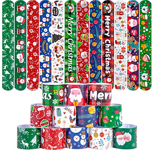 MCPINKY Christmas Slap Bracelets - 48PCS Slap Wristbands Bulk 12 Snap Wristbands for Boys & Girls Christmas Party Favors