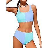 blibean Teen Girls Swimsuits Asymmetrical Colorblock Bikini Sets with Chest Pad Size 6-15 Years