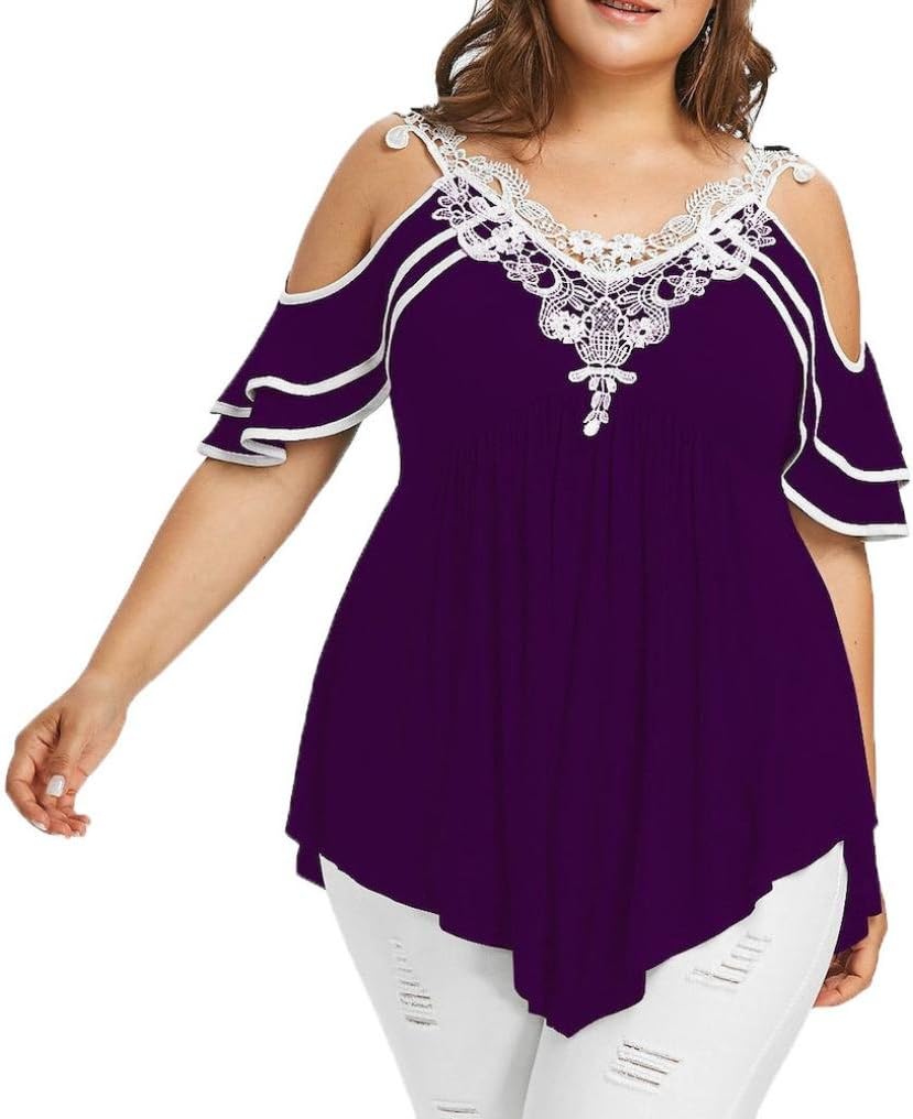 NREALY Fashion Womens Plus Size Tiered Lace Appliques Cold Shoulder V-Neck T-Shirt Tops