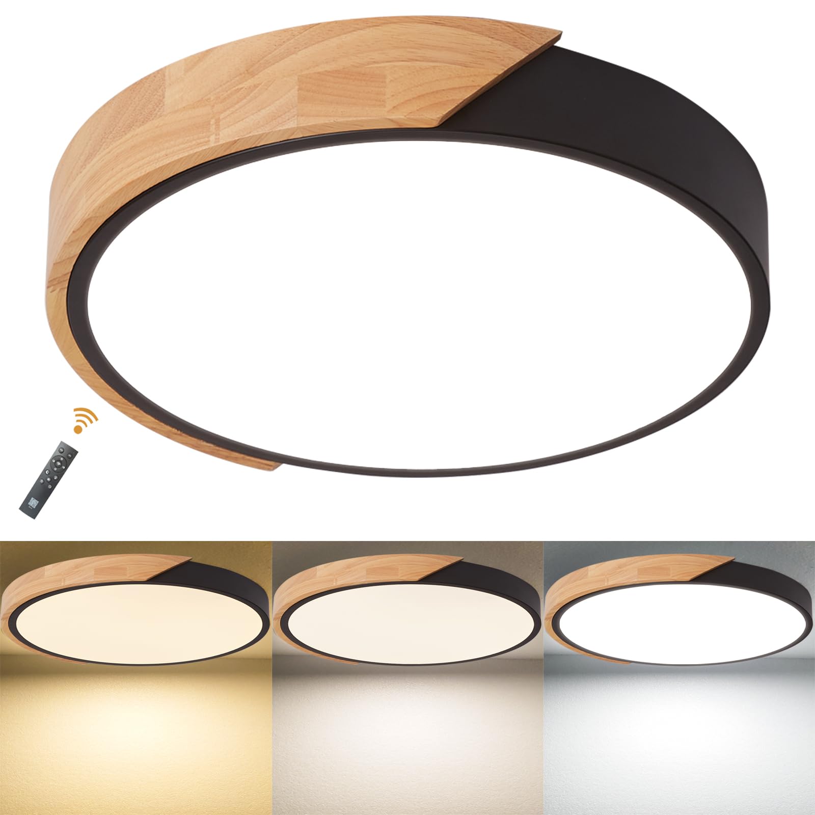 LuFun LED Ceiling Lights 24W,Black Dimmable Modern Wood Flush Mount Ceiling Light, Round Light Fitting Ceiling for Living Room Bedroom Kitchen Lounge Hallway,Ø30CM — image 1
