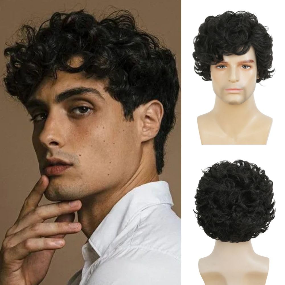 Photo 1 of Dai Cloud Short Black Curly Wigs for Men Synthetic Fiber Mens Costume Replacement Wigs for Male Guy