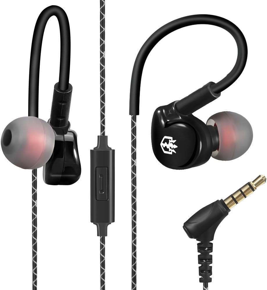 Wired Earphones in Ear Headphones with Microphone Noise Cancelling Sports Earbuds Headphones Sweatproof Stereo Earhook for Running Jogging Workout Gym - Black