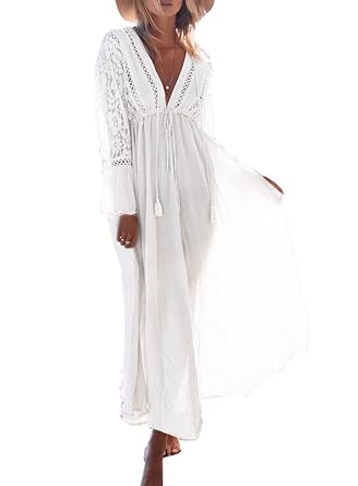 Asskdan Femme Bohême Dentelle Tassel Coton Cover Up Bikini Robe De Plage Maxi Longue Manche Longue