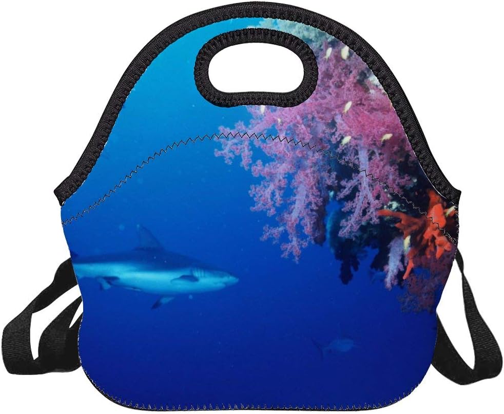 Neoprene Lunch Bag Gray Reef Shark Fish Insulated Picnic Tote Boxes Backpack for Women Men Kids Detachable Strap Style with Zipper