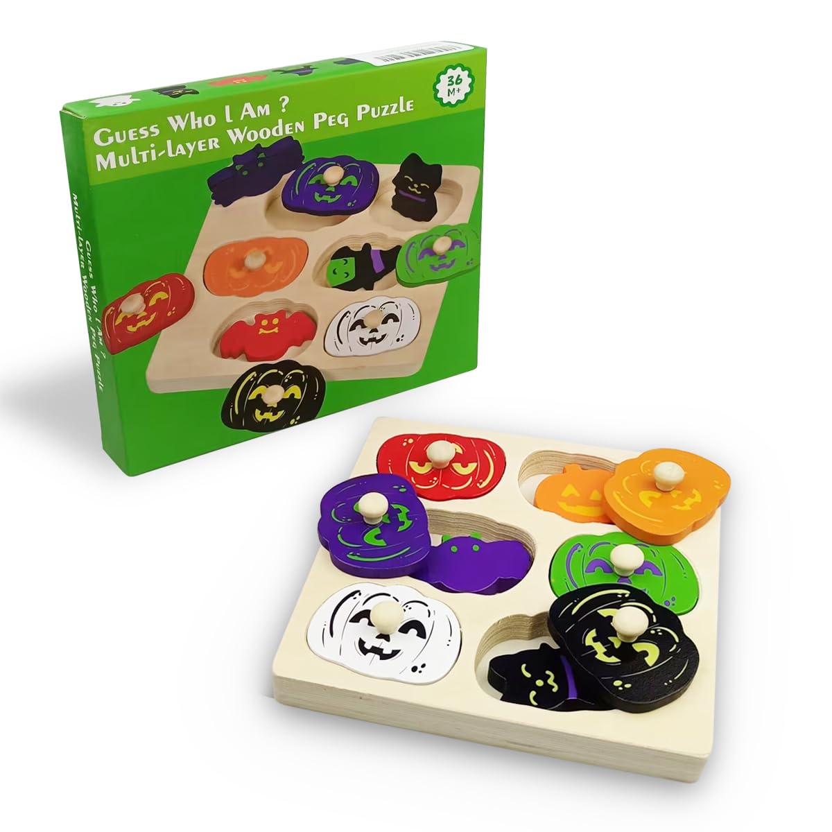 Pinkiwine Halloween Pumpkin Wooden Peg Puzzles Montessori Educational Toys for Kids Toddlers Halloween Toys Party Favors Treat Bags Gifts